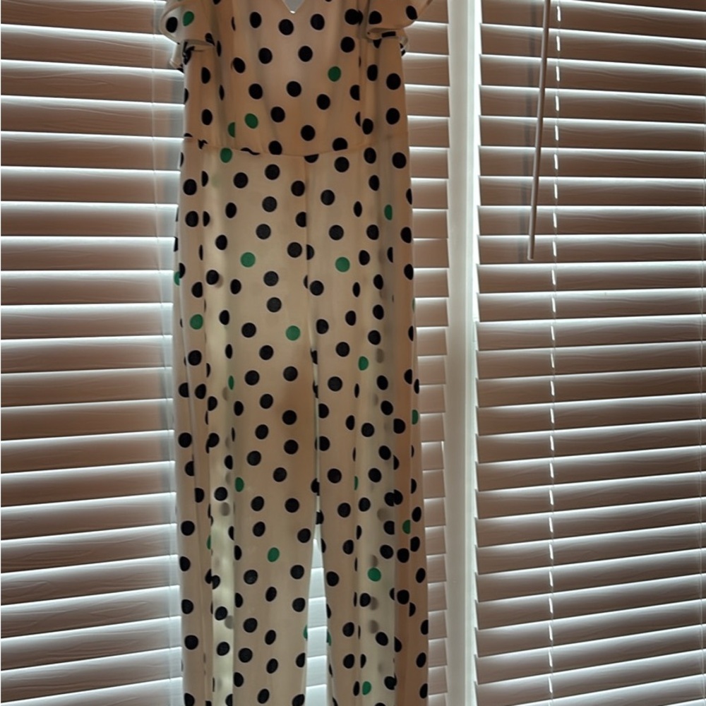 Emma & Michele Cream Jumpsuit with Black and Green Polka Dots